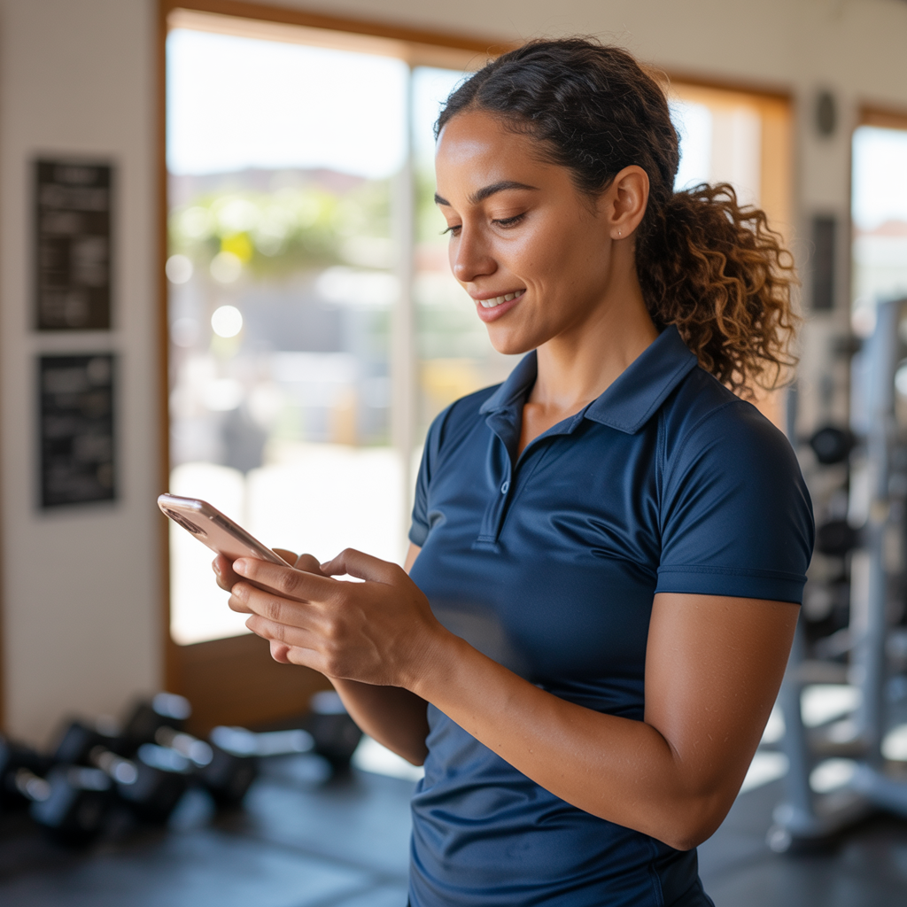 Dona de academia vendo o pagamento cair no celular